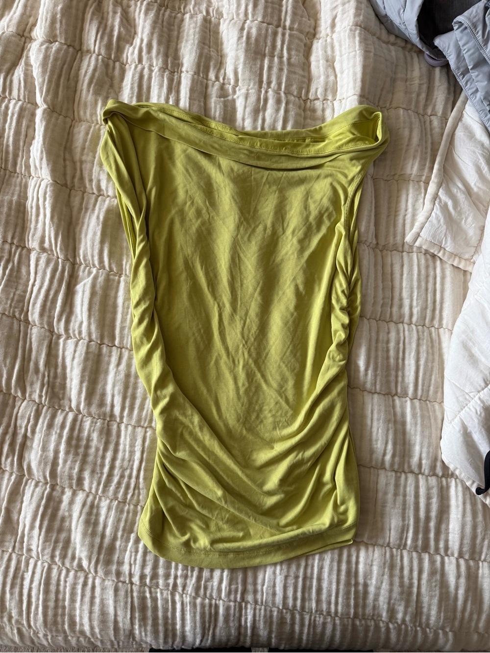 Anthropologie Lime off the shoulder Ruched Top